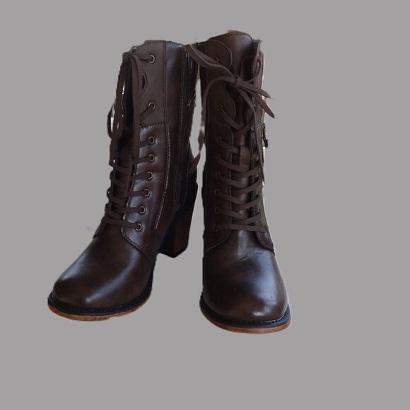 Pierre Dumas Ravenna, women's 8M  two tone brown lace up zip up boots, 2" heels - Picture 10 of 16